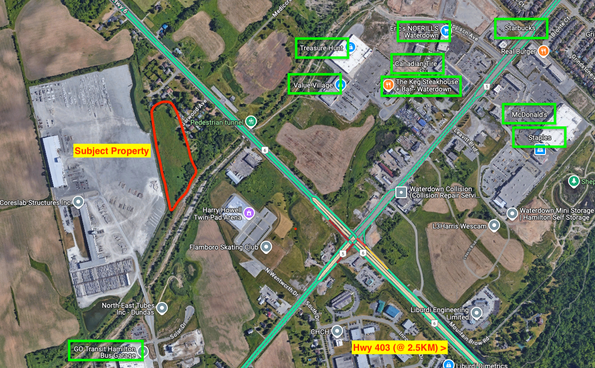 Prime development opportunity 2.5KM from HWY 403. This 6.2-acre lot features mixed industrial zoning (M2 - General Industrial, M3 - Heavy Industrial) for versatile use. Located near commercial hubs, industrial facilities, and Hwy 403, the site offers significant potential for residential, commercial, or industrial development in a thriving area. Walking distance to Starbucks, Keg, Canadian Tire, No Frills, and many more.