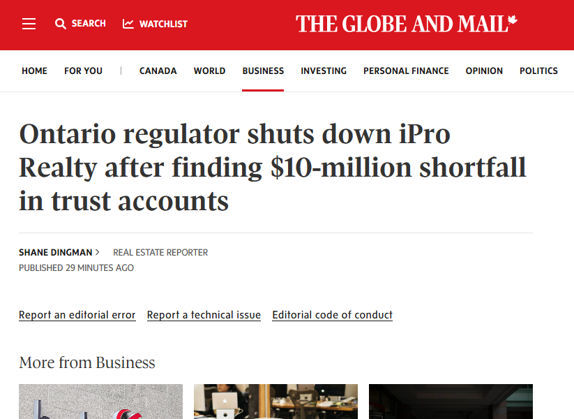 Ontario regulator shuts down iPro Realty after finding $10-million shortfall in trust accounts
